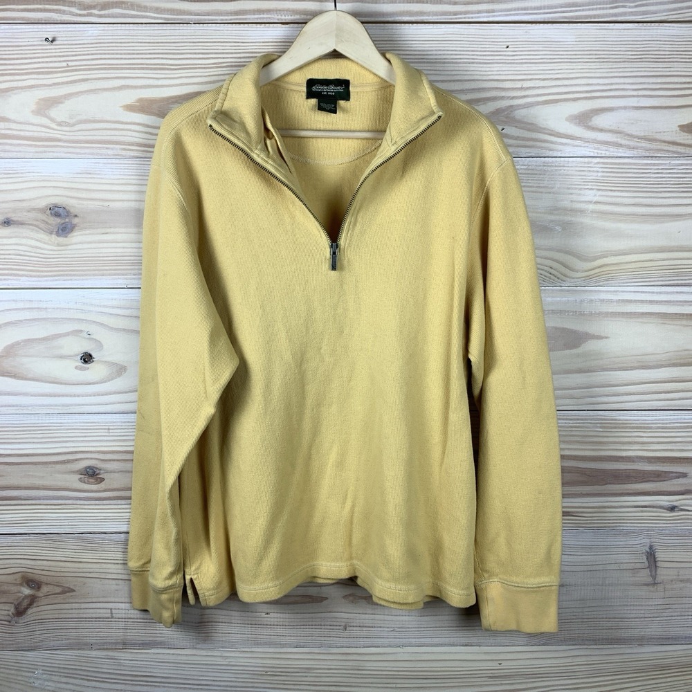 VTG Eddie Bauer 1/4 Zip Pullover Men Medium Yellow Ribbed Sweater Preppy Outdoor